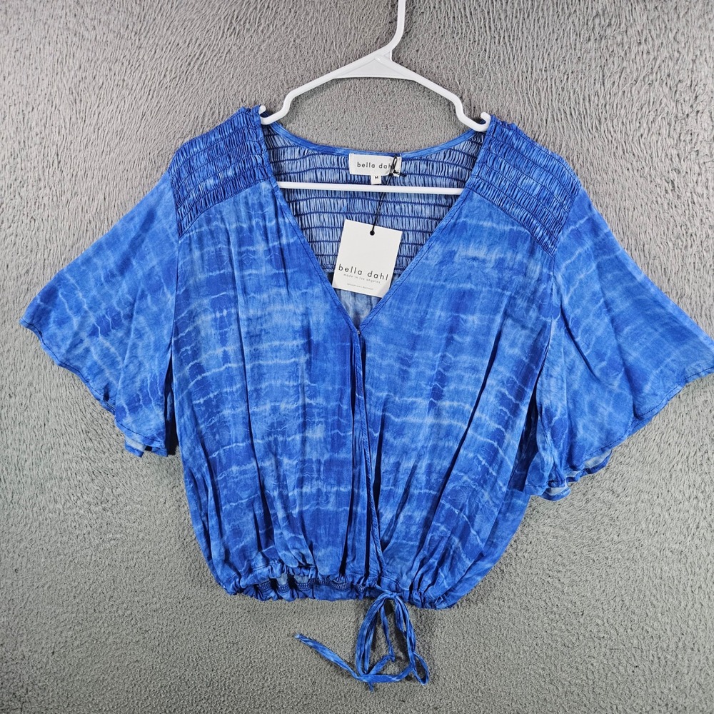 Bella Dahl Blue Tie Dye Smocked V-Neck Crop Top Short Sleeve Rayon Medium NEW